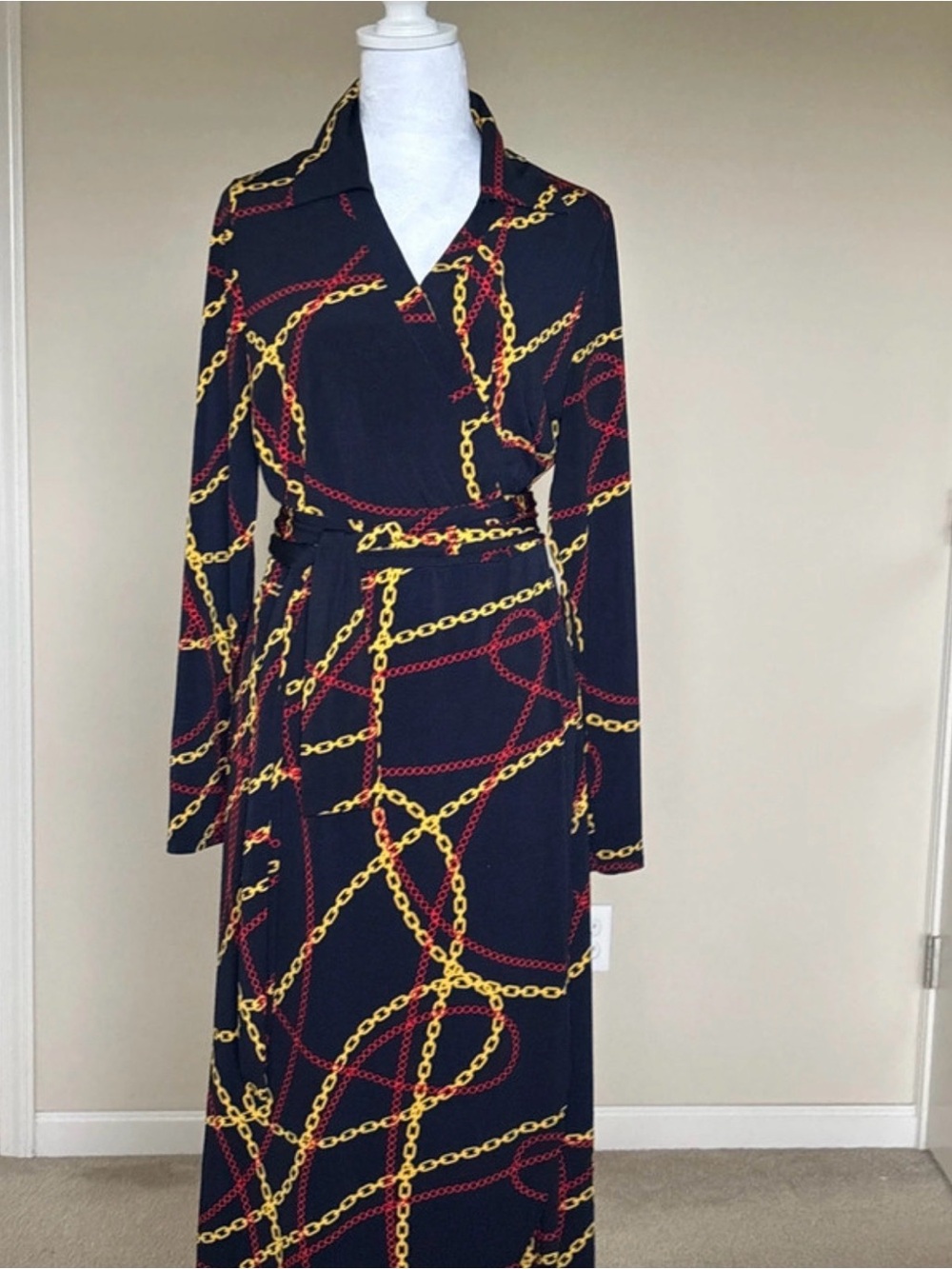 Ashro Navy Maxi Wrap Dress with Red and Yellow Chain Print
